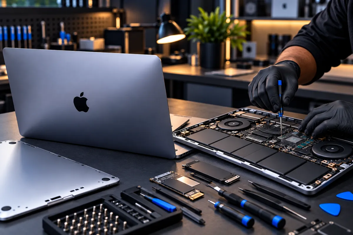 Technician repairing an Apple MacBook at a MacBook repair service center in Trivandrum